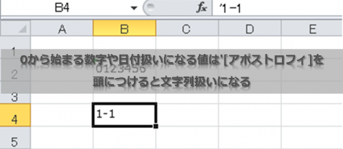 0から始まる数字や日付扱いになる値は'[アポストロフィ]を頭につけると文字列扱いになる