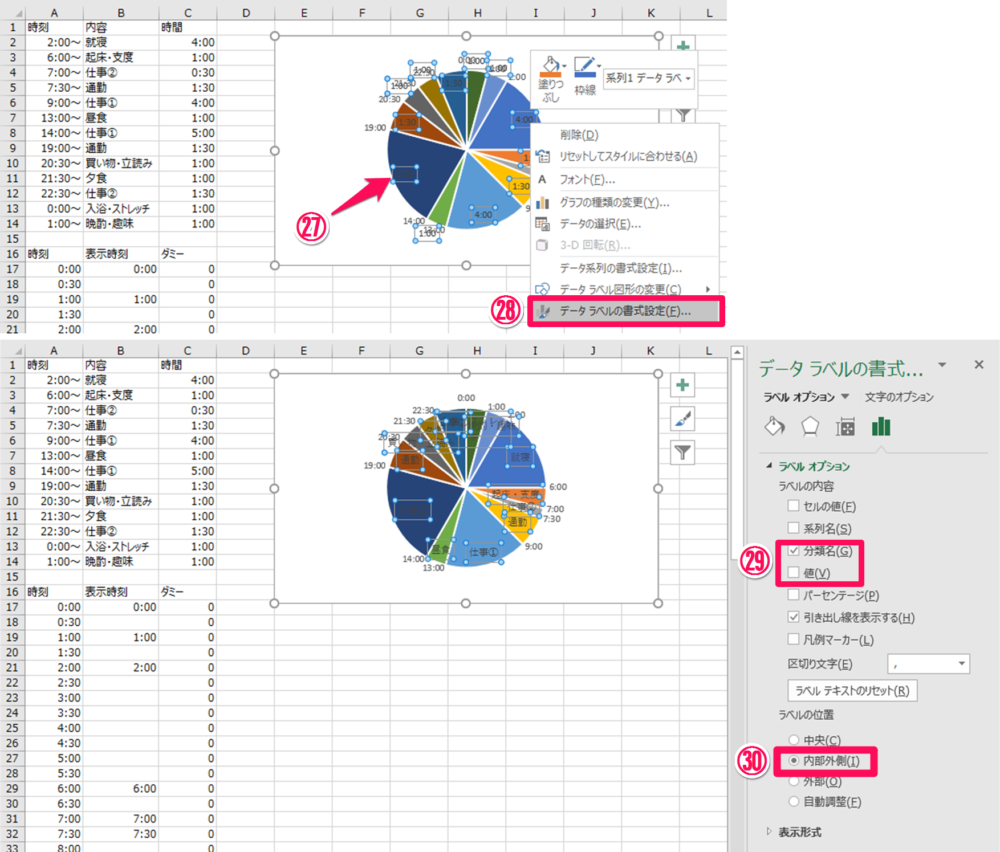 エクセル中級者向け 1日のスケジュールの内訳を示す24時間円グラフの作り方 Excelを制する者は人生を制す No Excel No Life