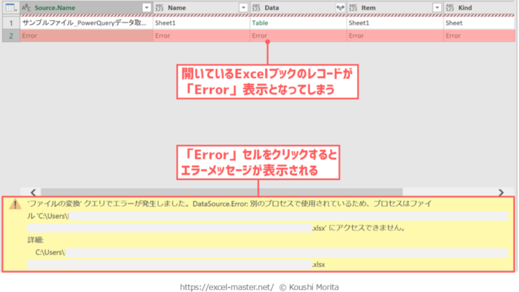 「フォルダーから」コマンドの使用時、データソースのフォルダー内のブックを開いた場合のエラーメッセージ