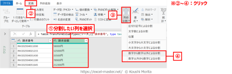「数字から数字以外による分割」・「数字以外から数字による分割」コマンドのステップ登録手順