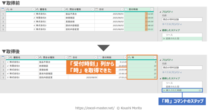パワークエリの「時」・「分」・「秒」コマンドの使用イメージ